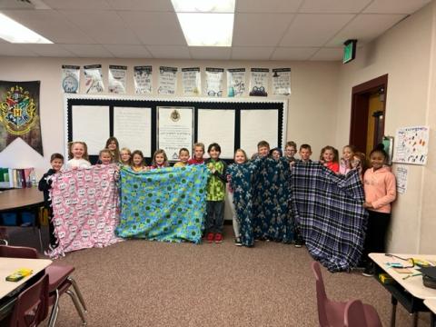 Mrs. Stewart's class with tied blankets