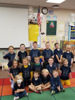 Miss Mellor's class wearing new Kindergarten shirts
